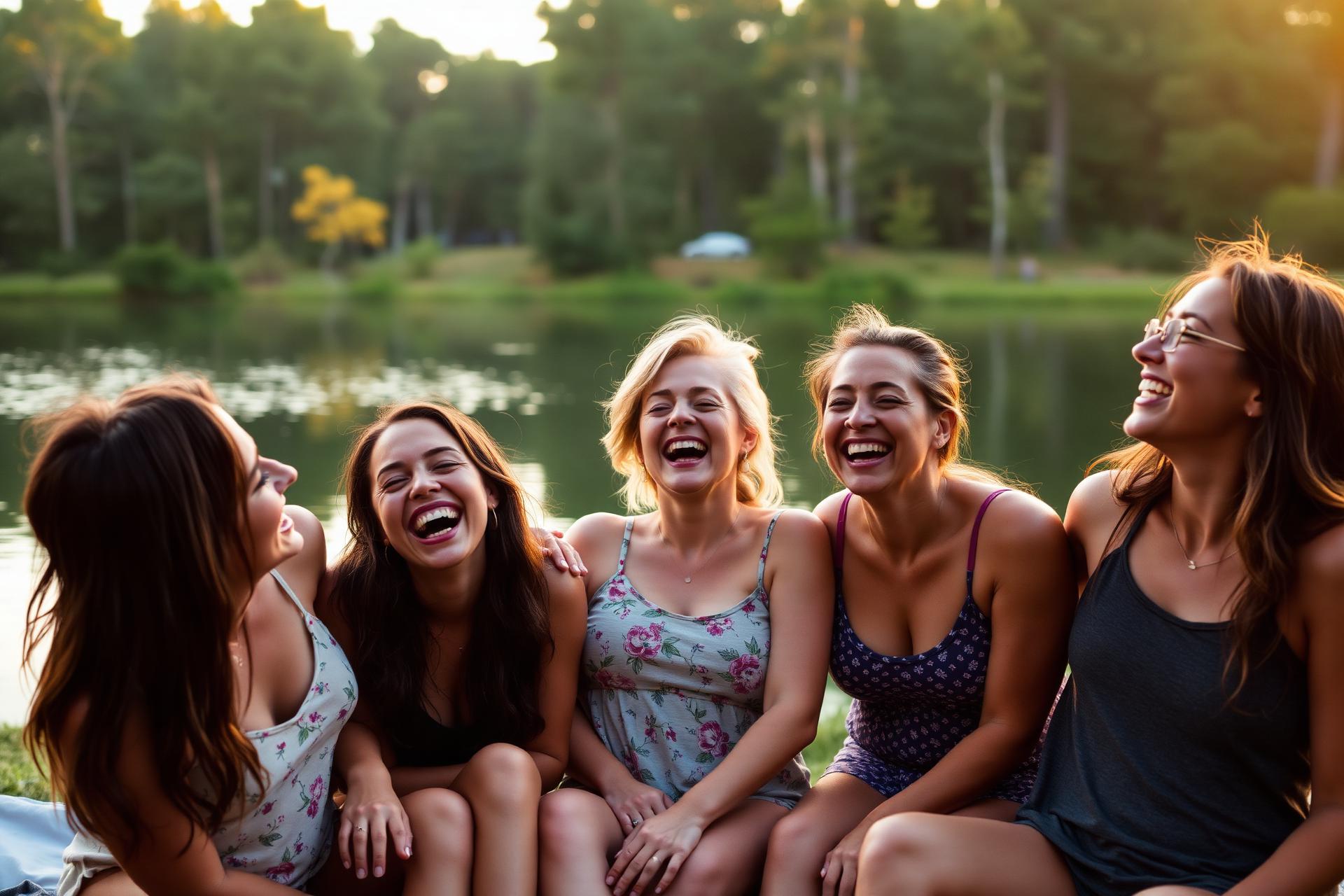 Women laughing together at a lakeside summer camp at golden hour